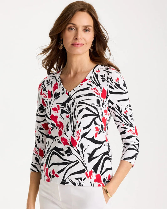 Chico's Cotton Stretch 3/4 Sleeve Floral Tee Black