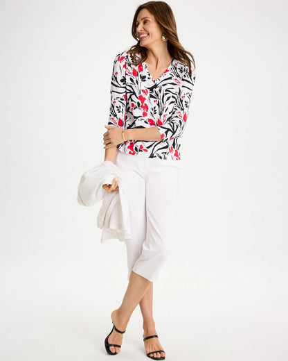 Chico's Cotton Stretch 3/4 Sleeve Floral Tee Black