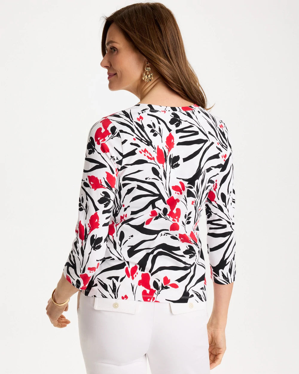 Chico's Cotton Stretch 3/4 Sleeve Floral Tee Black