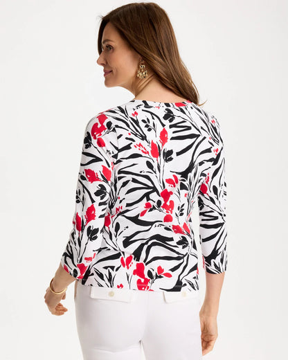 Chico's Cotton Stretch 3/4 Sleeve Floral Tee Black