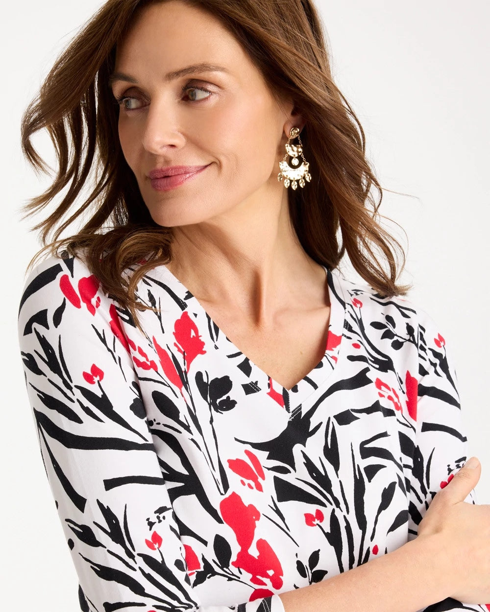 Chico's Cotton Stretch 3/4 Sleeve Floral Tee Black