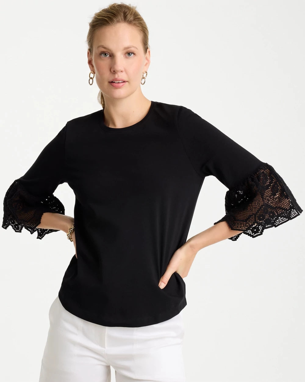 Chico's Cotton Lace Flutter Sleeve Tee Black