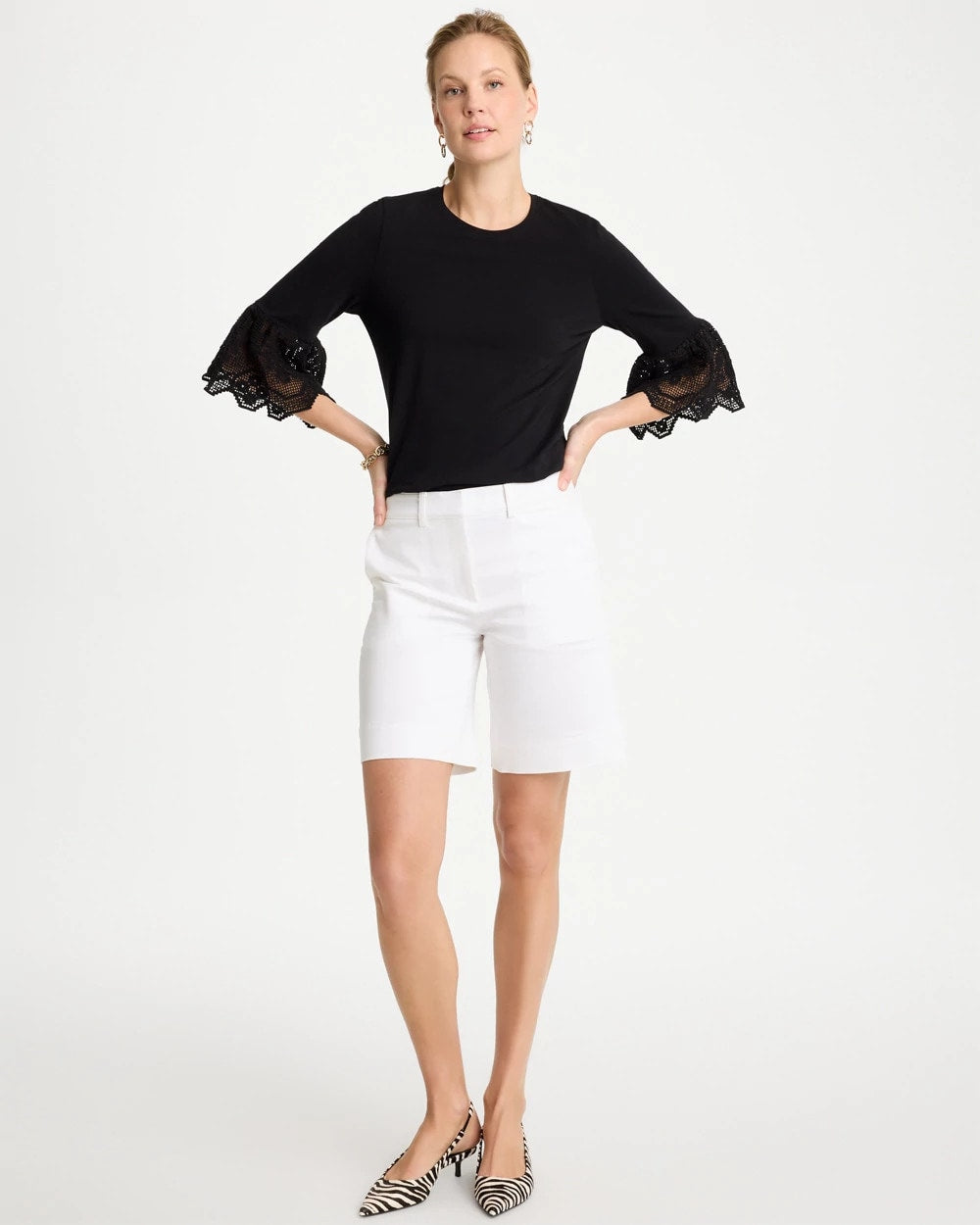 Chico's Cotton Lace Flutter Sleeve Tee Black