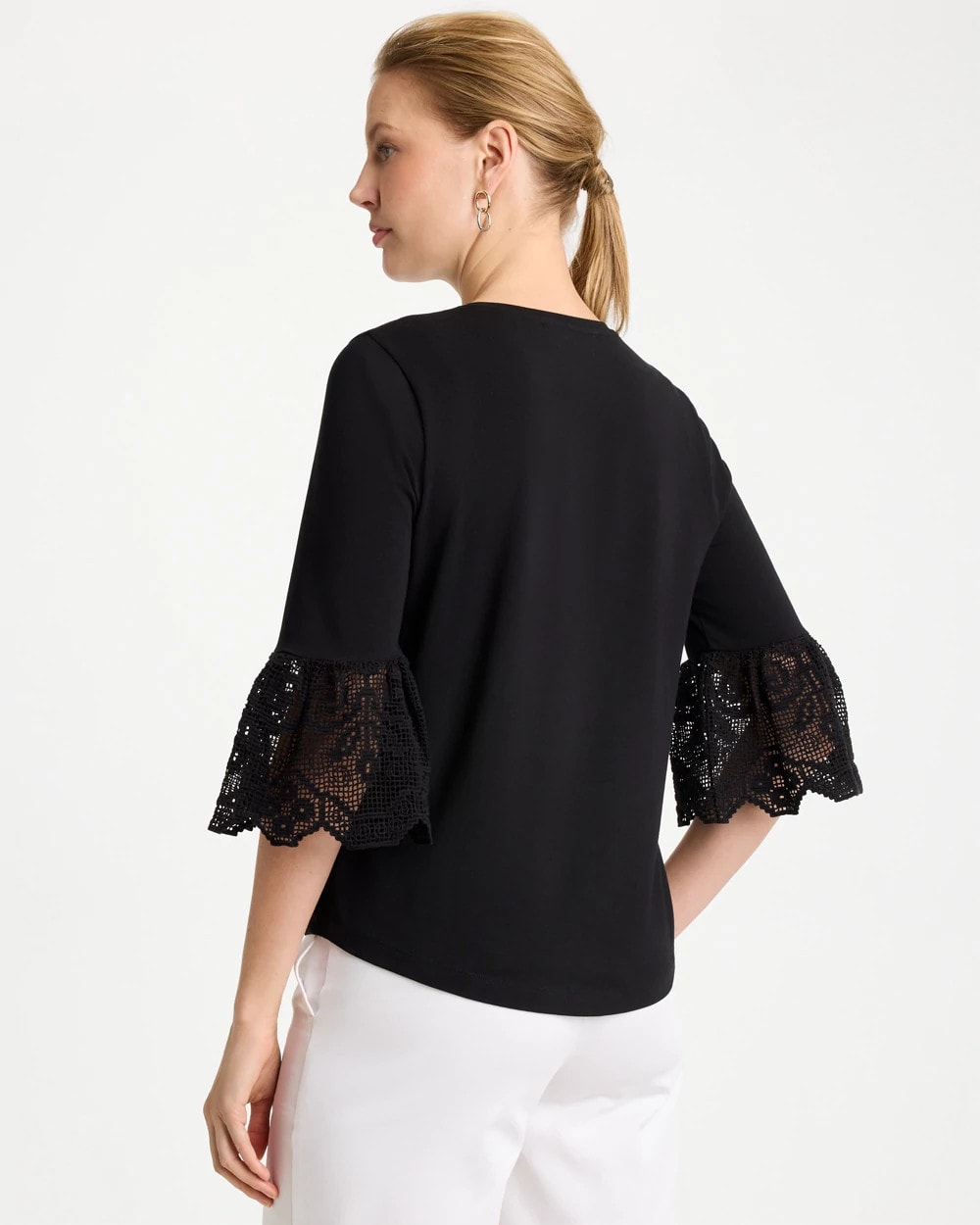 Chico's Cotton Lace Flutter Sleeve Tee Black