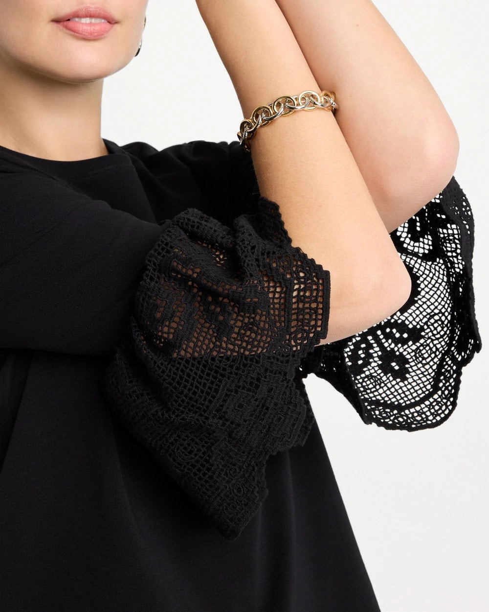 Chico's Cotton Lace Flutter Sleeve Tee Black