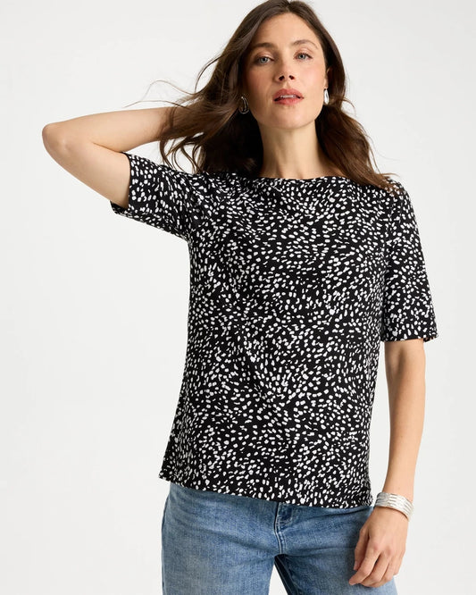 Chico's Printed Pima Elbow Sleeve Tee Black