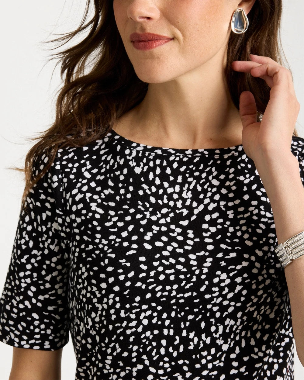 Chico's Printed Pima Elbow Sleeve Tee Black