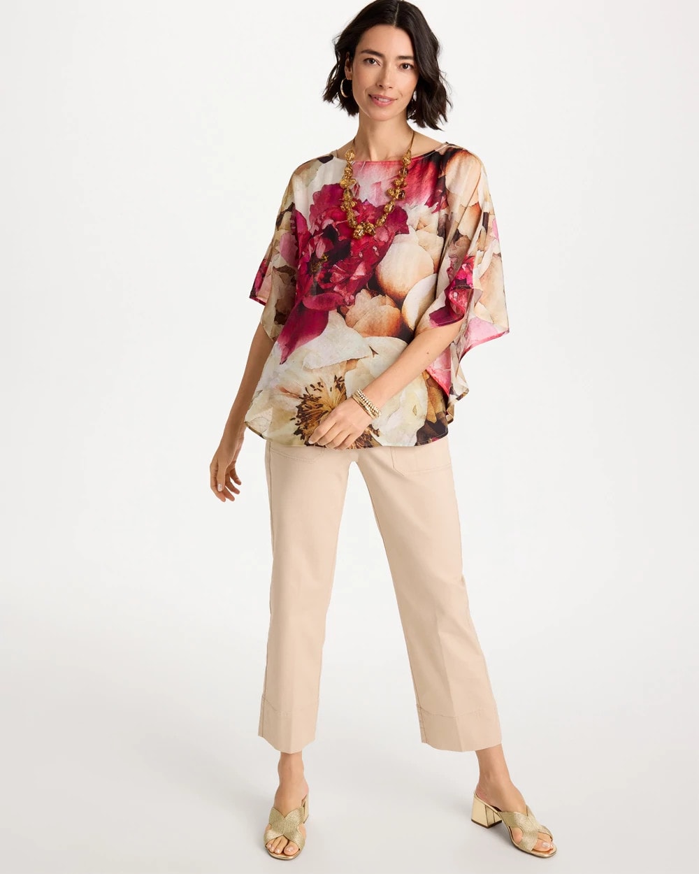 Chico's Boatneck Printed Poncho Ecru