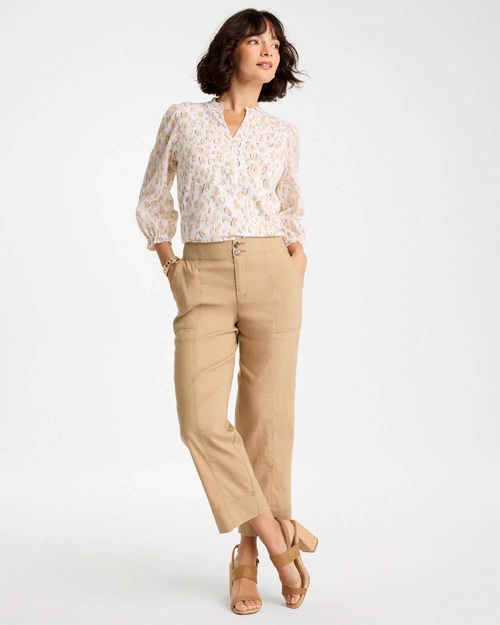 Chico's Animal Print Ruffled V-Neck Top Mocha Mousse