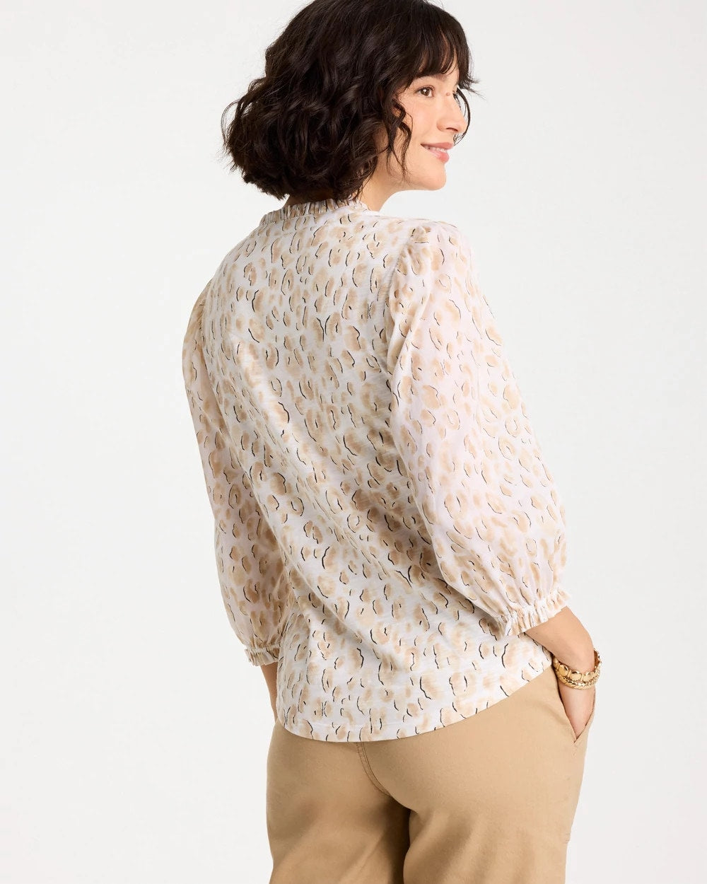 Chico's Animal Print Ruffled V-Neck Top Mocha Mousse