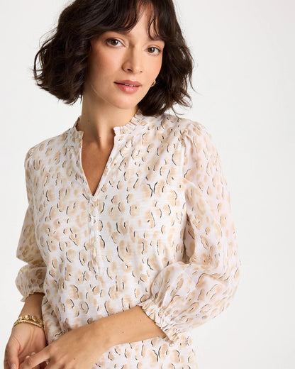 Chico's Animal Print Ruffled V-Neck Top Mocha Mousse