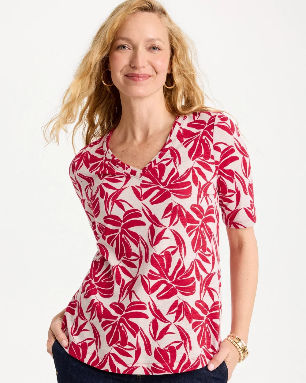 Chico's Printed Cotton Slub V-Neck Tee Cherry Lush