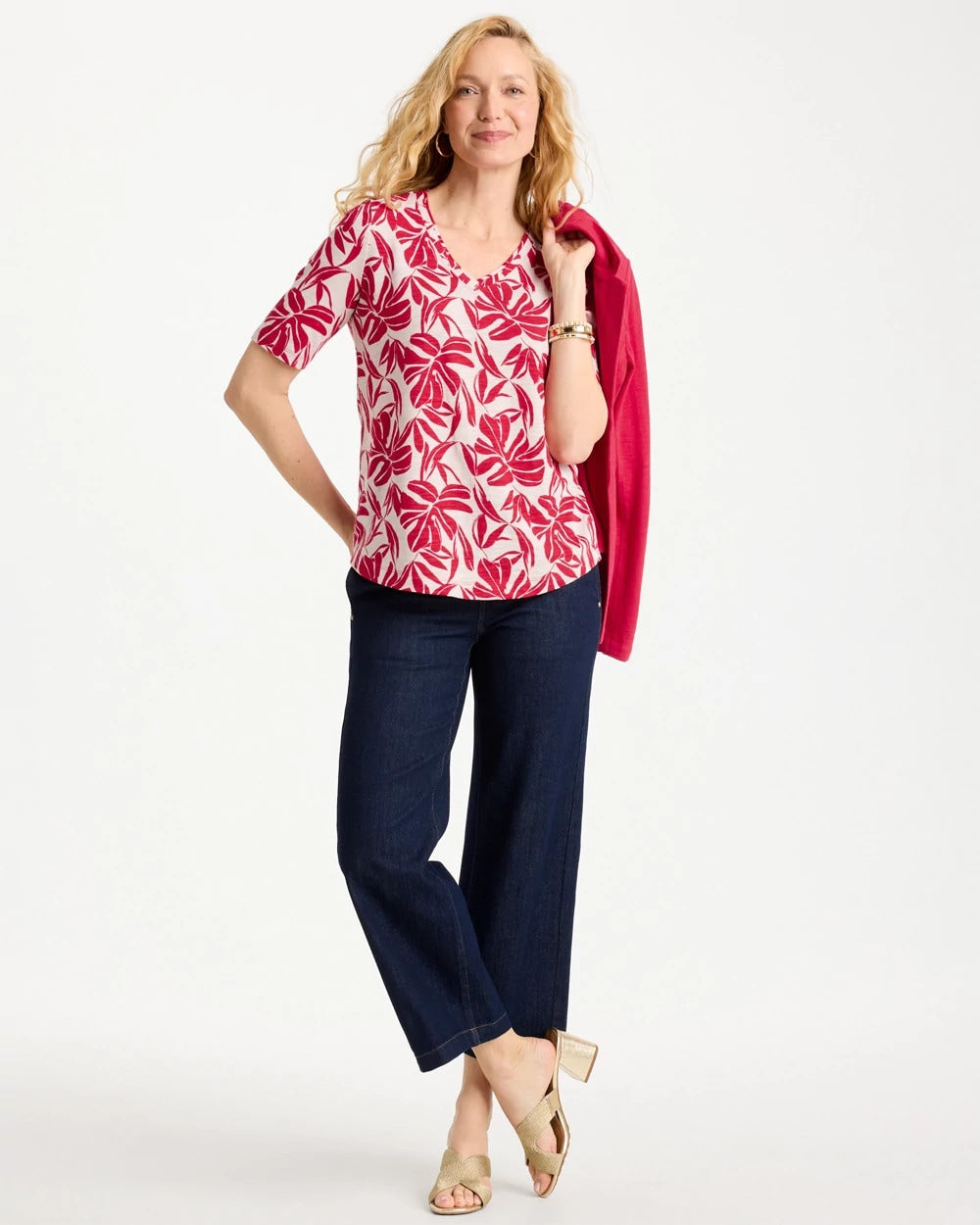 Chico's Printed Cotton Slub V-Neck Tee Cherry Lush