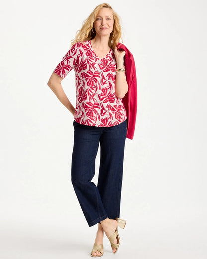Chico's Printed Cotton Slub V-Neck Tee Cherry Lush