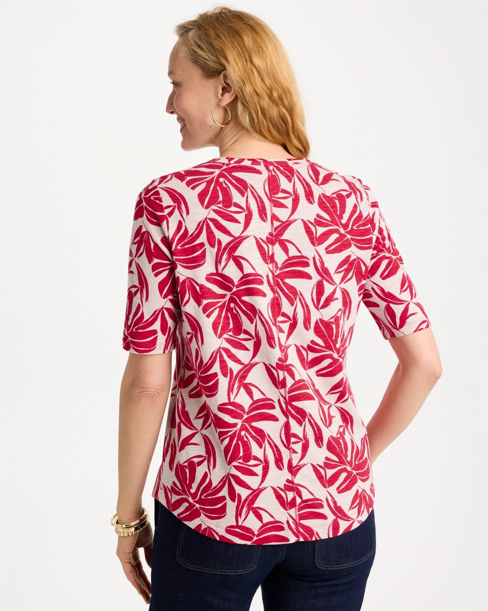Chico's Printed Cotton Slub V-Neck Tee Cherry Lush