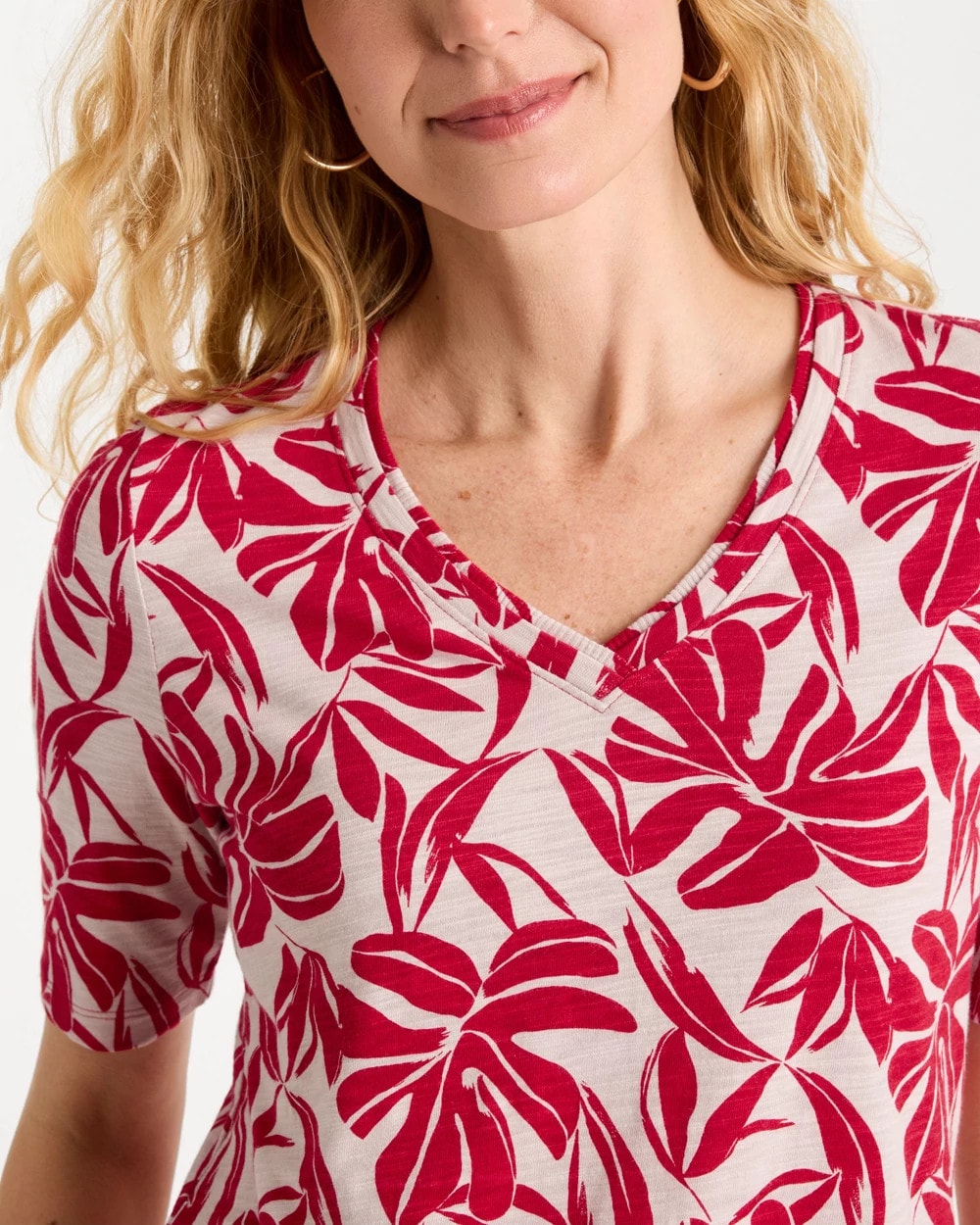Chico's Printed Cotton Slub V-Neck Tee Cherry Lush