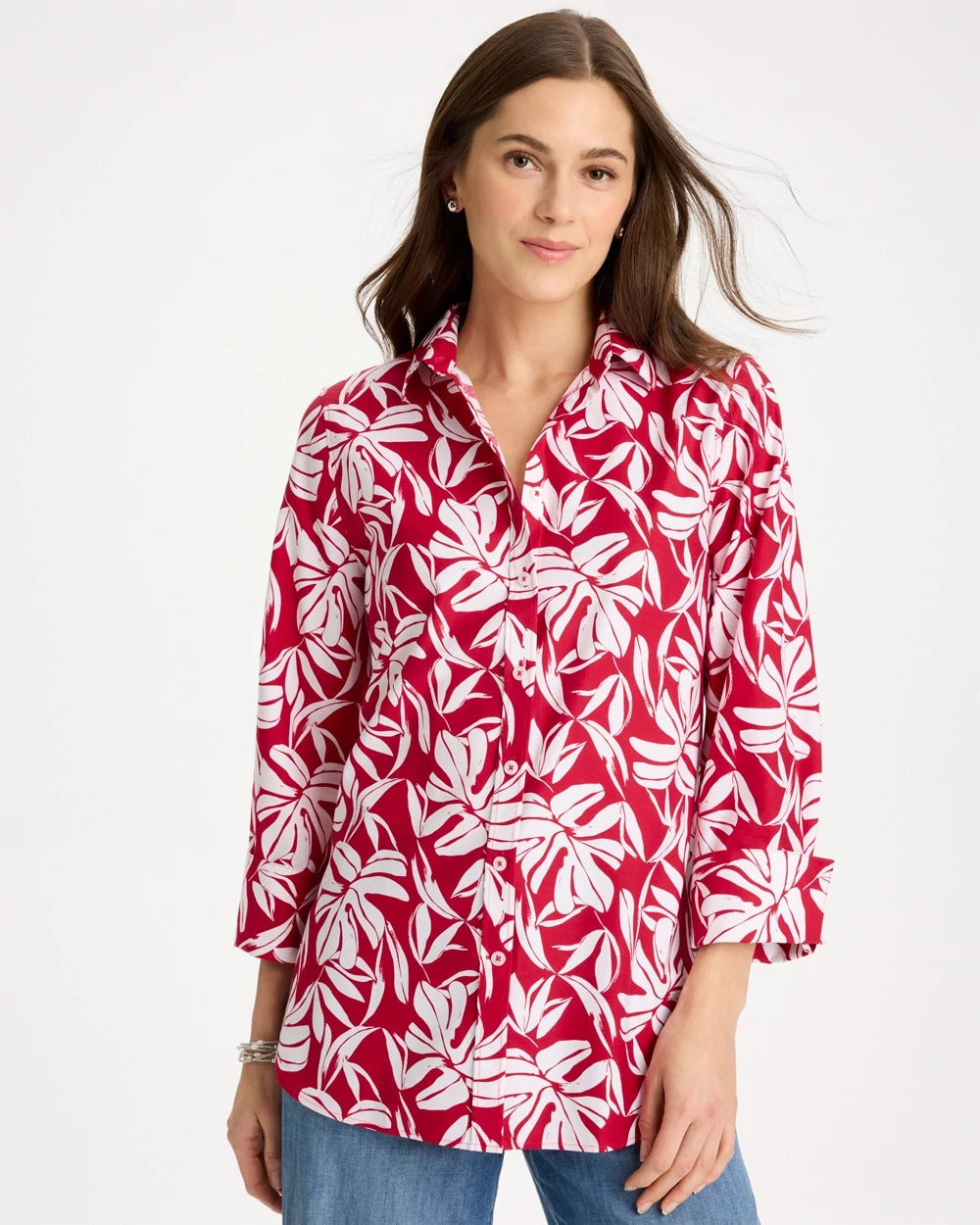 Chico's No Iron™ Stretch Palm Print Shirt Cherry Lush