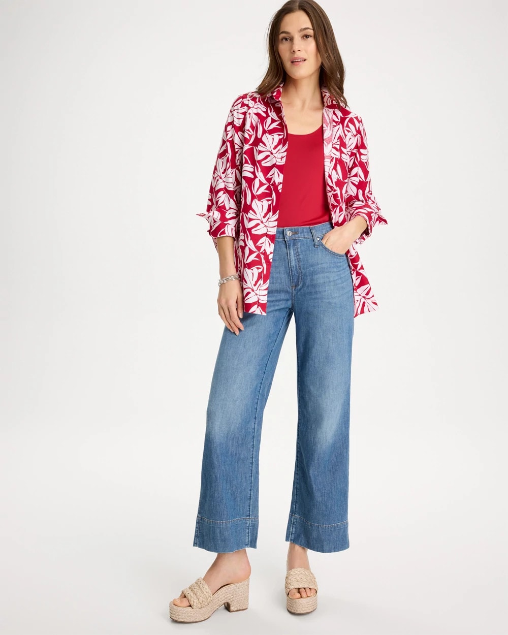 Chico's No Iron™ Stretch Palm Print Shirt Cherry Lush