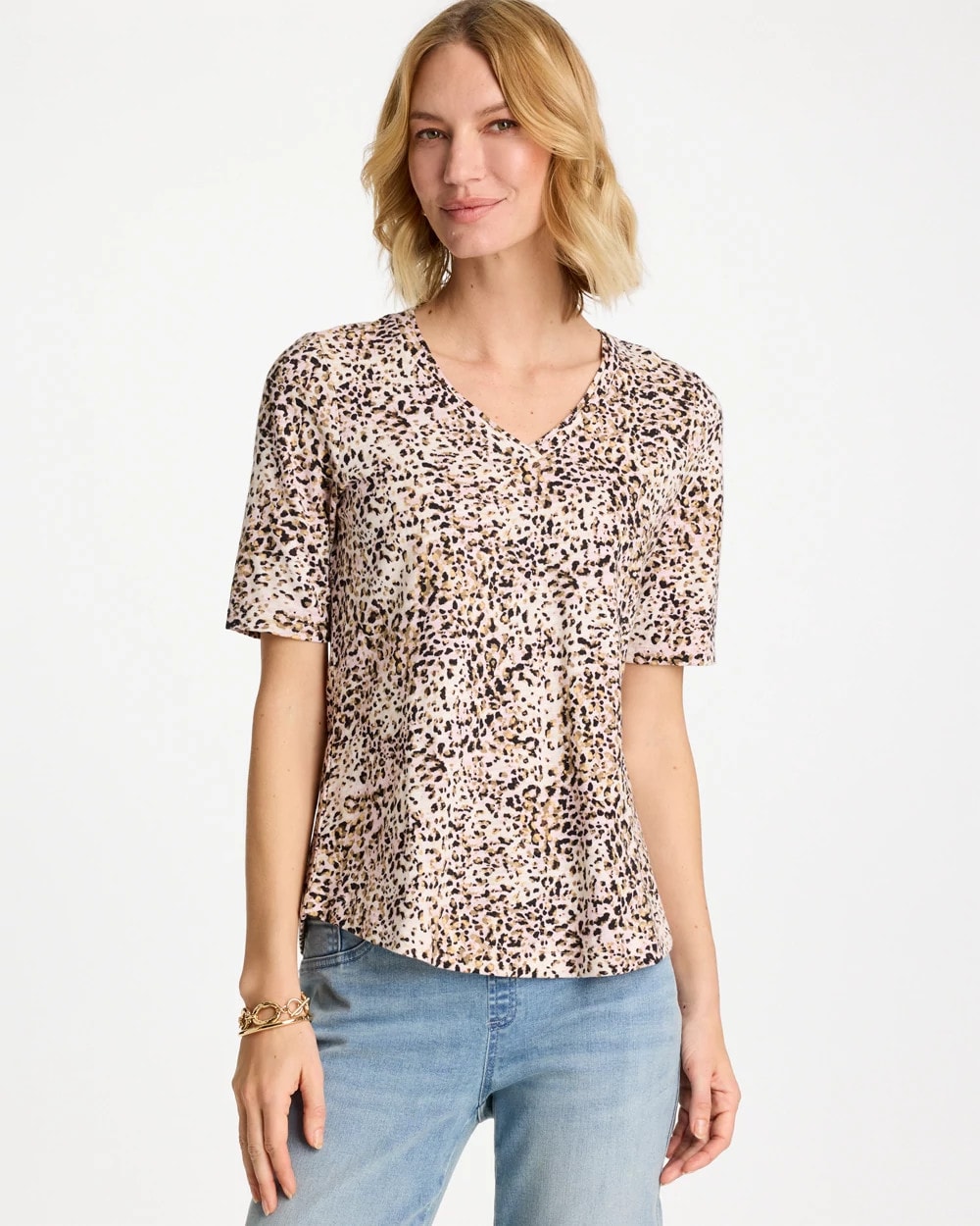 Chico's Printed Cotton Slub V-Neck Tee Cattail Brown