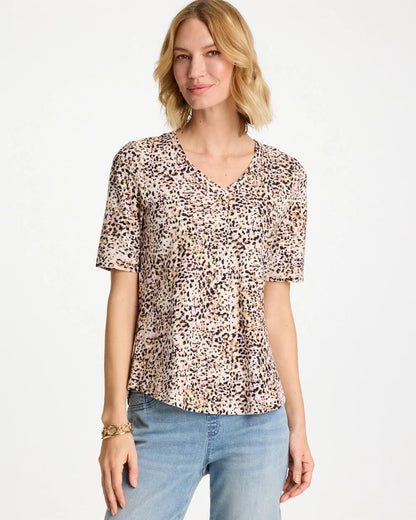 Chico's Printed Cotton Slub V-Neck Tee Cattail Brown