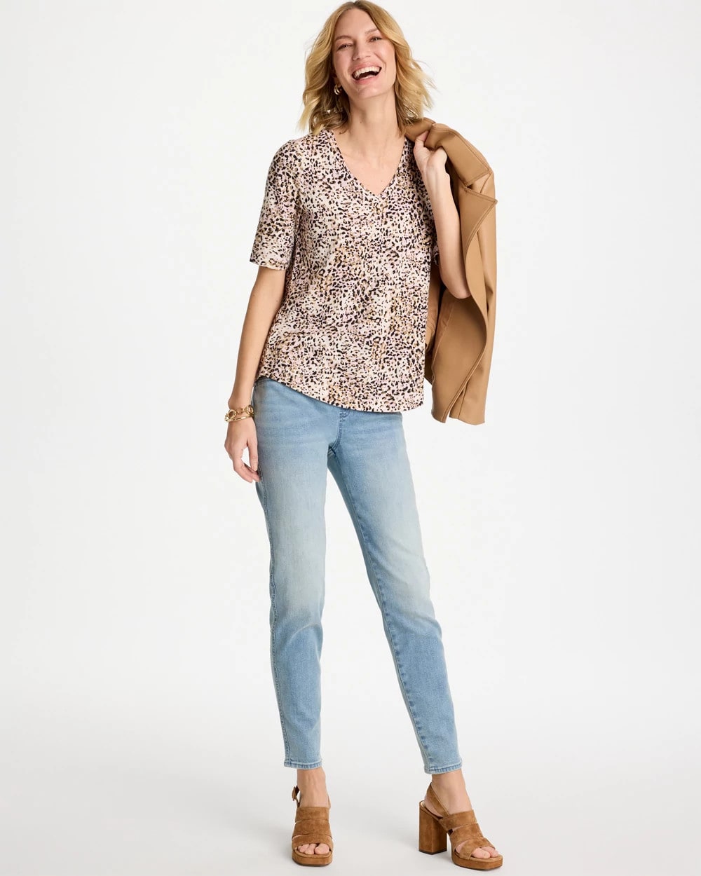 Chico's Printed Cotton Slub V-Neck Tee Cattail Brown