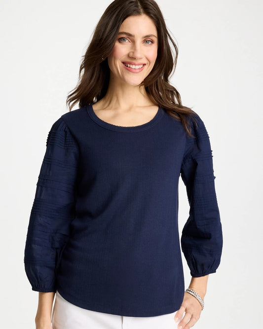 Chico's Pintuck Puff Sleeve Tee Passport Blue
