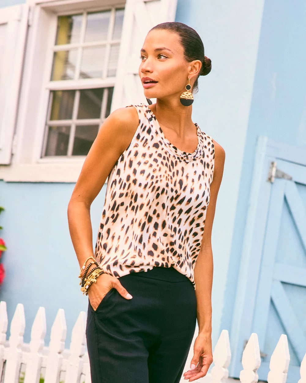 Chico's Animal Print Jersey Satin Tank Top Black