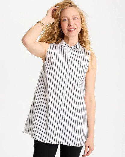 Chico's Poplin Cotton Collared Striped Tunic Black