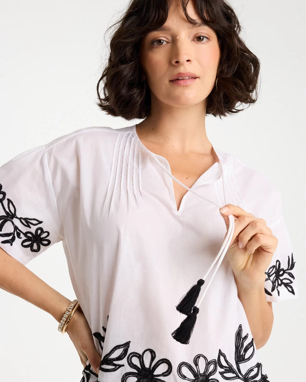 Chico's Cotton Voile Applique Blouse Alabaster