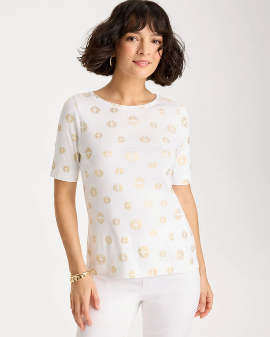 Chico's Stamped Pima Elbow Sleeve Tee Alabaster