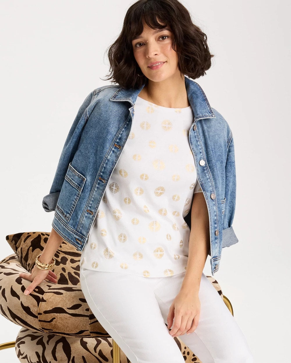 Chico's Stamped Pima Elbow Sleeve Tee Alabaster