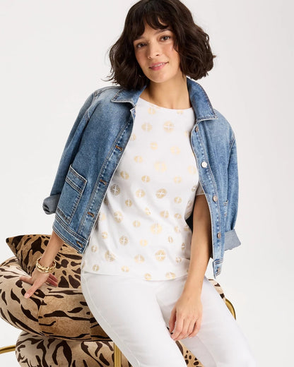 Chico's Stamped Pima Elbow Sleeve Tee Alabaster