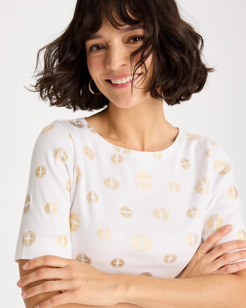 Chico's Stamped Pima Elbow Sleeve Tee Alabaster
