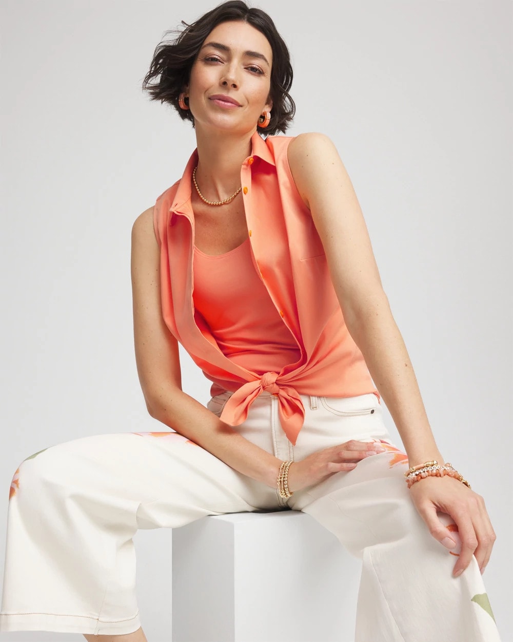 Chico's No Iron™ Sleeveless Sateen-Stretch Shirt Sunset Peach