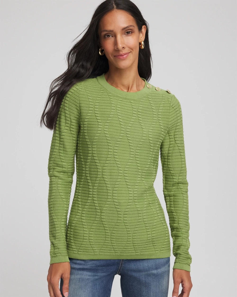 Chico's Button Shoulder Crewneck Pullover Green Fig