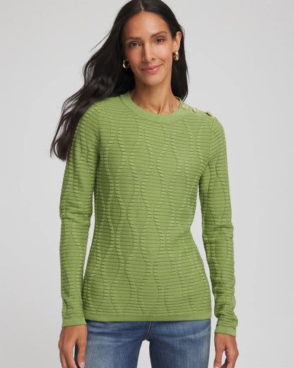 Chico's Button Shoulder Crewneck Pullover Green Fig