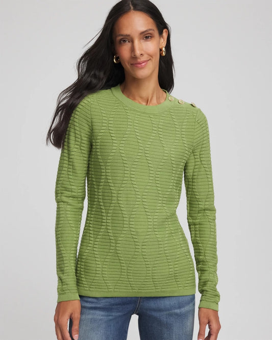 Chico's Button Shoulder Crewneck Pullover Green Fig