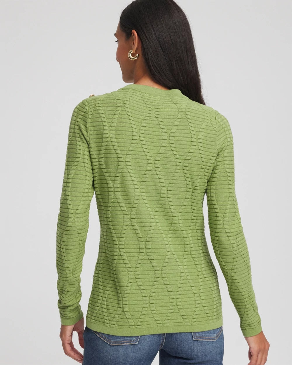 Chico's Button Shoulder Crewneck Pullover Green Fig