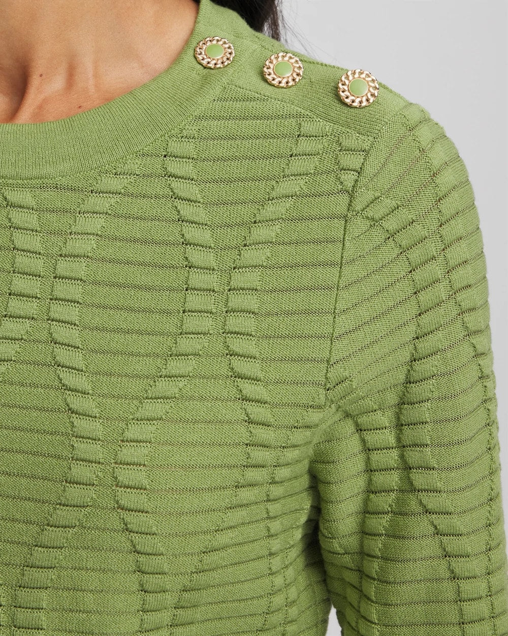 Chico's Button Shoulder Crewneck Pullover Green Fig