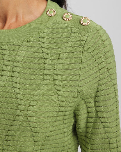 Chico's Button Shoulder Crewneck Pullover Green Fig