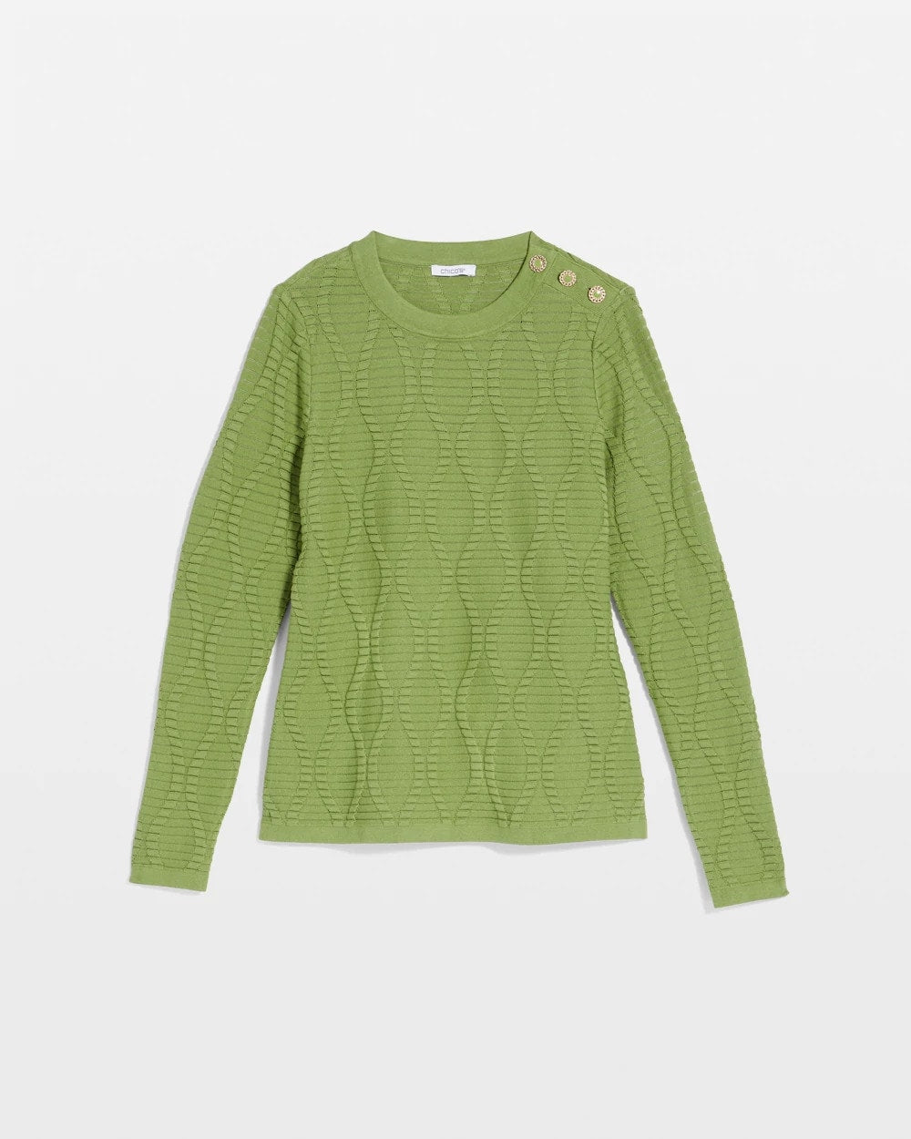 Chico's Button Shoulder Crewneck Pullover Green Fig