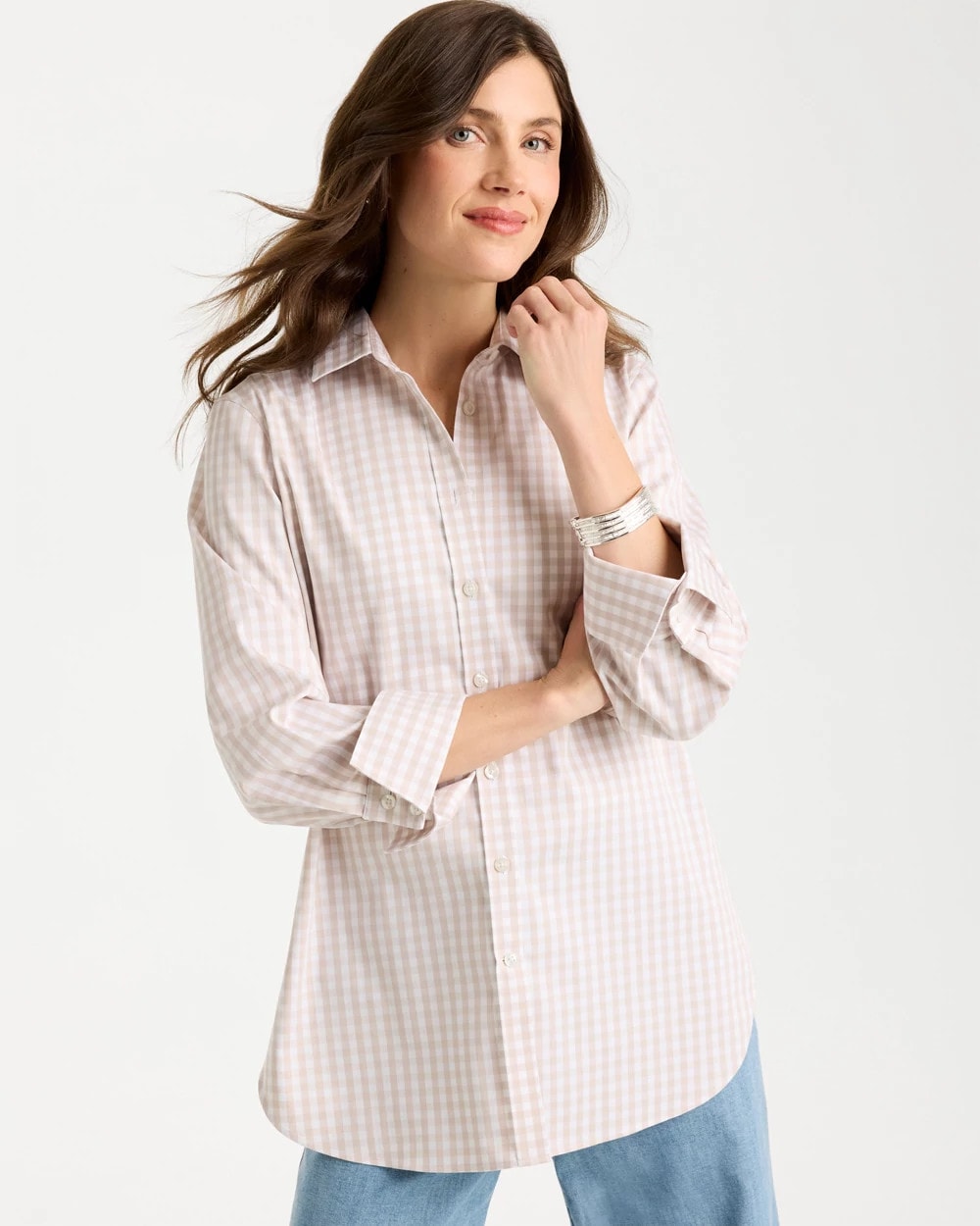 Chico's No Iron™ Stretch Neutral Gingham Shirt Smokey Taupe