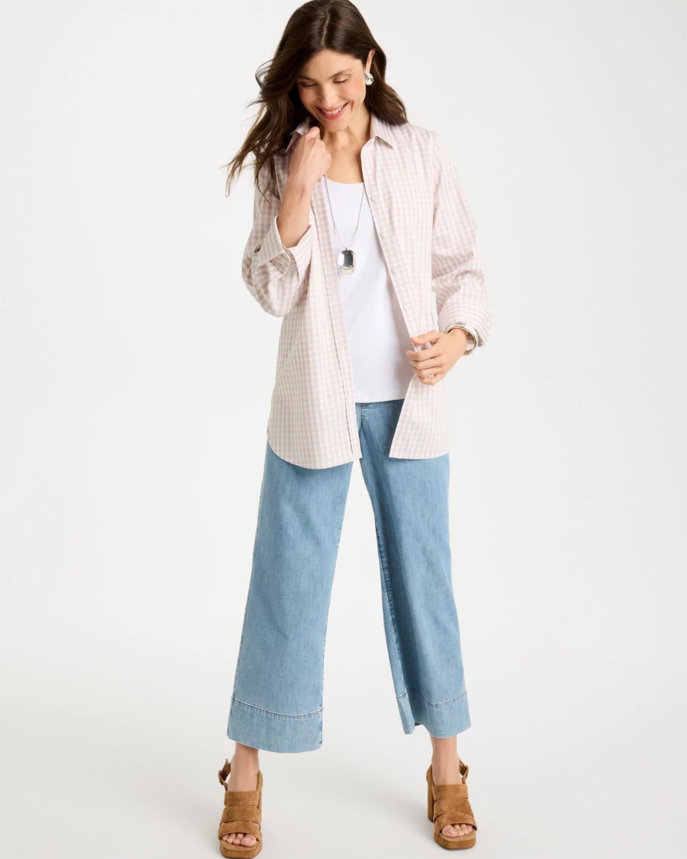 Chico's No Iron™ Stretch Neutral Gingham Shirt Smokey Taupe