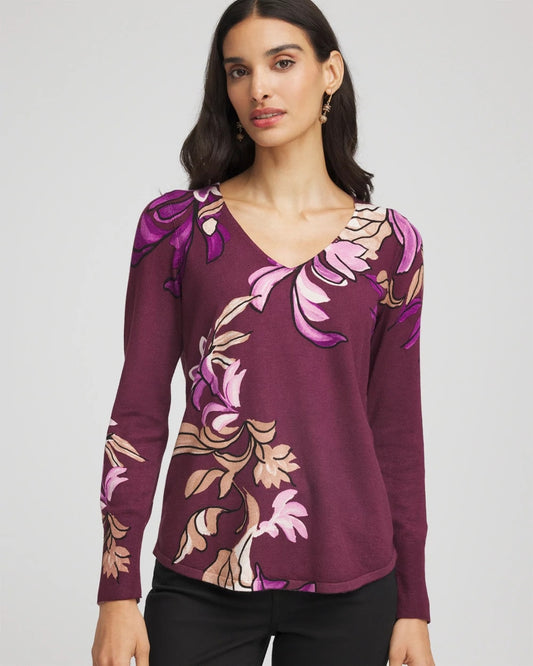 Chico's Ella V-Neck Artisanal Pullover Sweater Deep Chianti