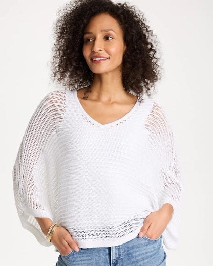 Chico's V-Neck Metallic Knit Poncho Alabaster