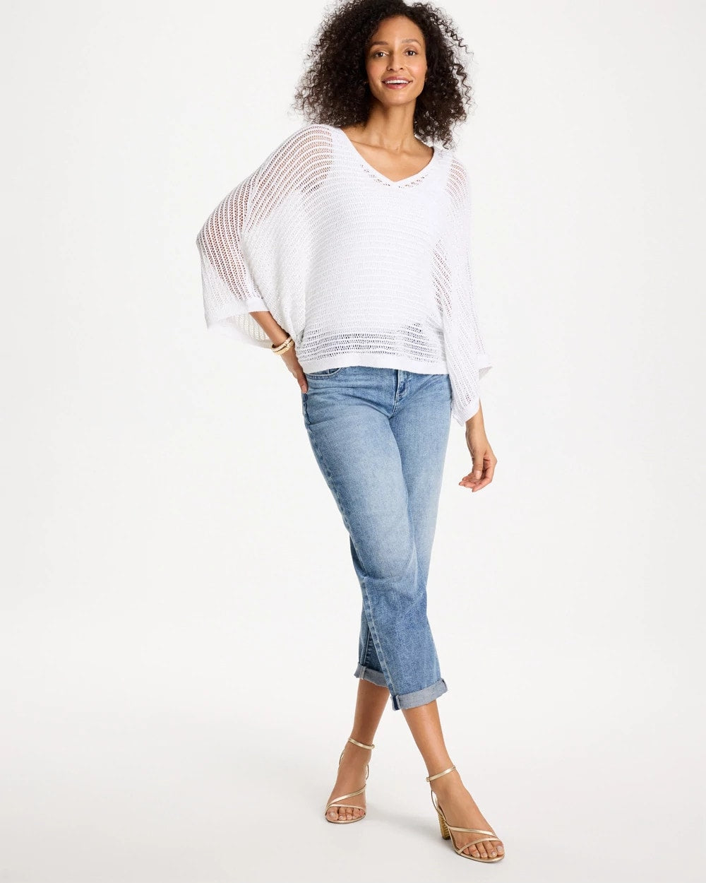 Chico's V-Neck Metallic Knit Poncho Alabaster