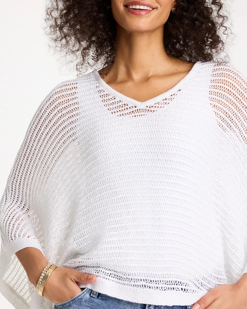 Chico's V-Neck Metallic Knit Poncho Alabaster