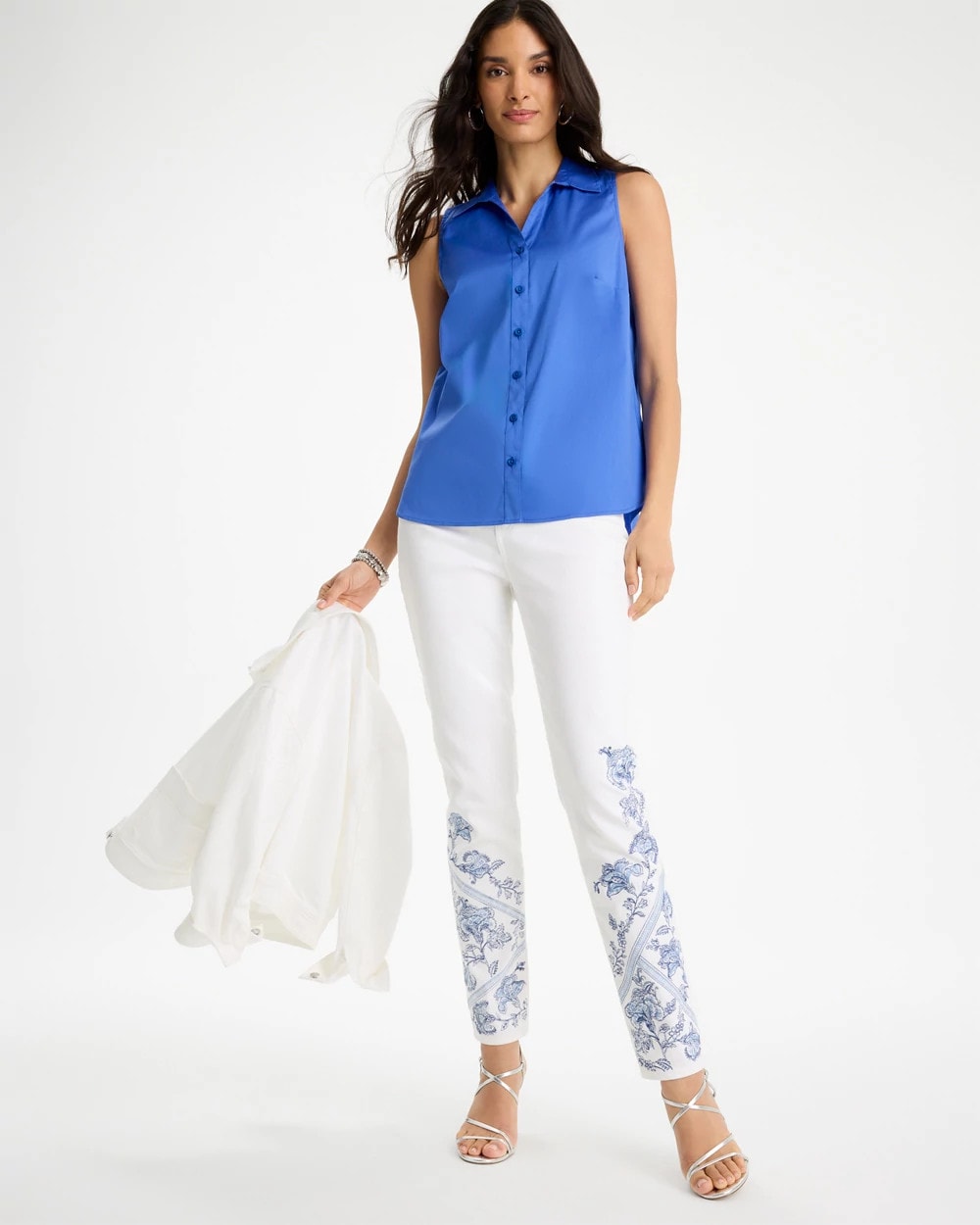 Chico's Cotton-Blend Classic Sleeveless Shirt Amparo Blue