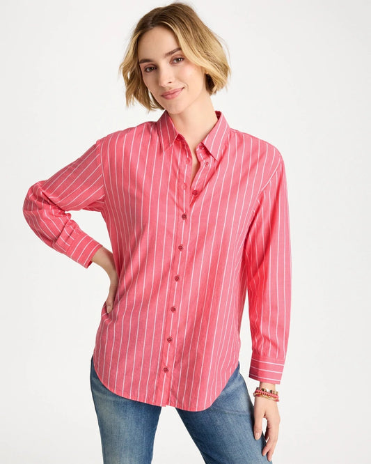 Chico's Cotton Voile Collared Striped Shirt Calypso Coral