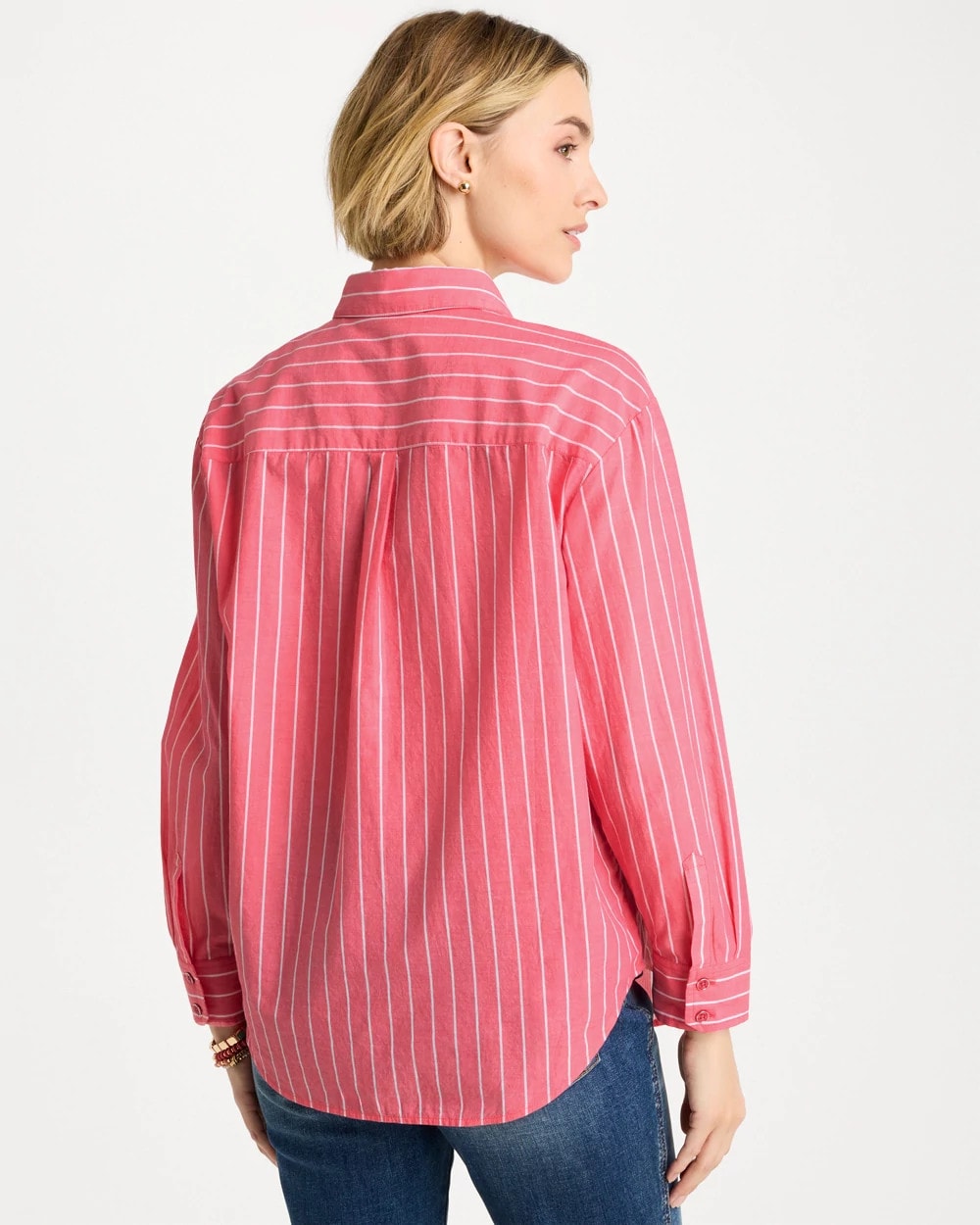 Chico's Cotton Voile Collared Striped Shirt Calypso Coral